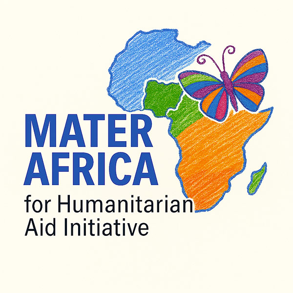 Illustration featuring a colorful map of Africa with a butterfly and the text "MATER AFRICA for Humanitarian Aid Initiative" prominently displayed.
